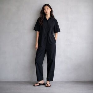 CO Black Short Sleeve Jumpsuit Sz S Cotton Nylon Minimalist Hidden Button Front